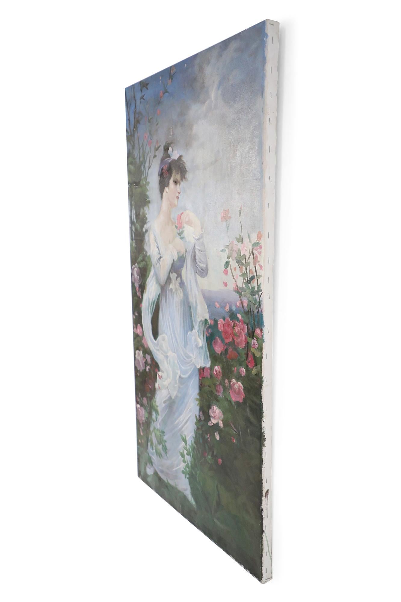Vintage neoclassical-style (20th Century) oil painting capturing a woman in a billowing white dress standing in a garden brimming with pink roses, with sea and sky in distant view. Painted on unframed canvas.
    