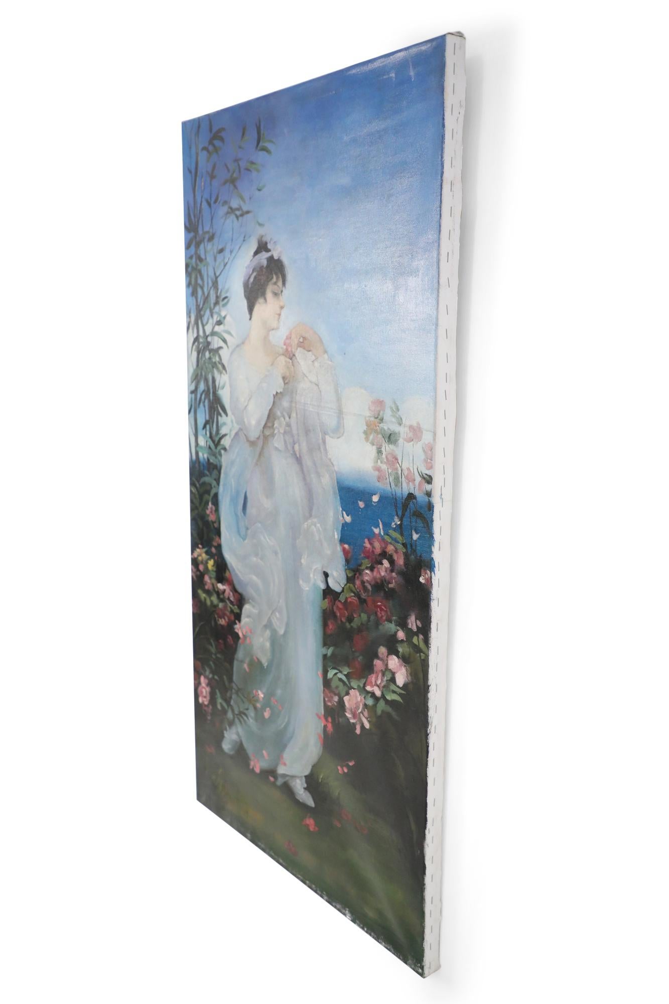 Vintage Neoclassical-style (20th Century) oil painting capturing a woman in a billowing white dress standing in a garden brimming with pink roses, with sea and sky in distant view. Painted on unframed canvas.
   