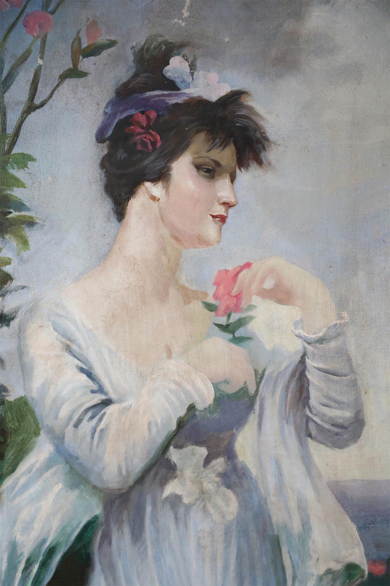 Huilé Portrait de femme dans un jardin - Peinture à l'huile sur toile en vente