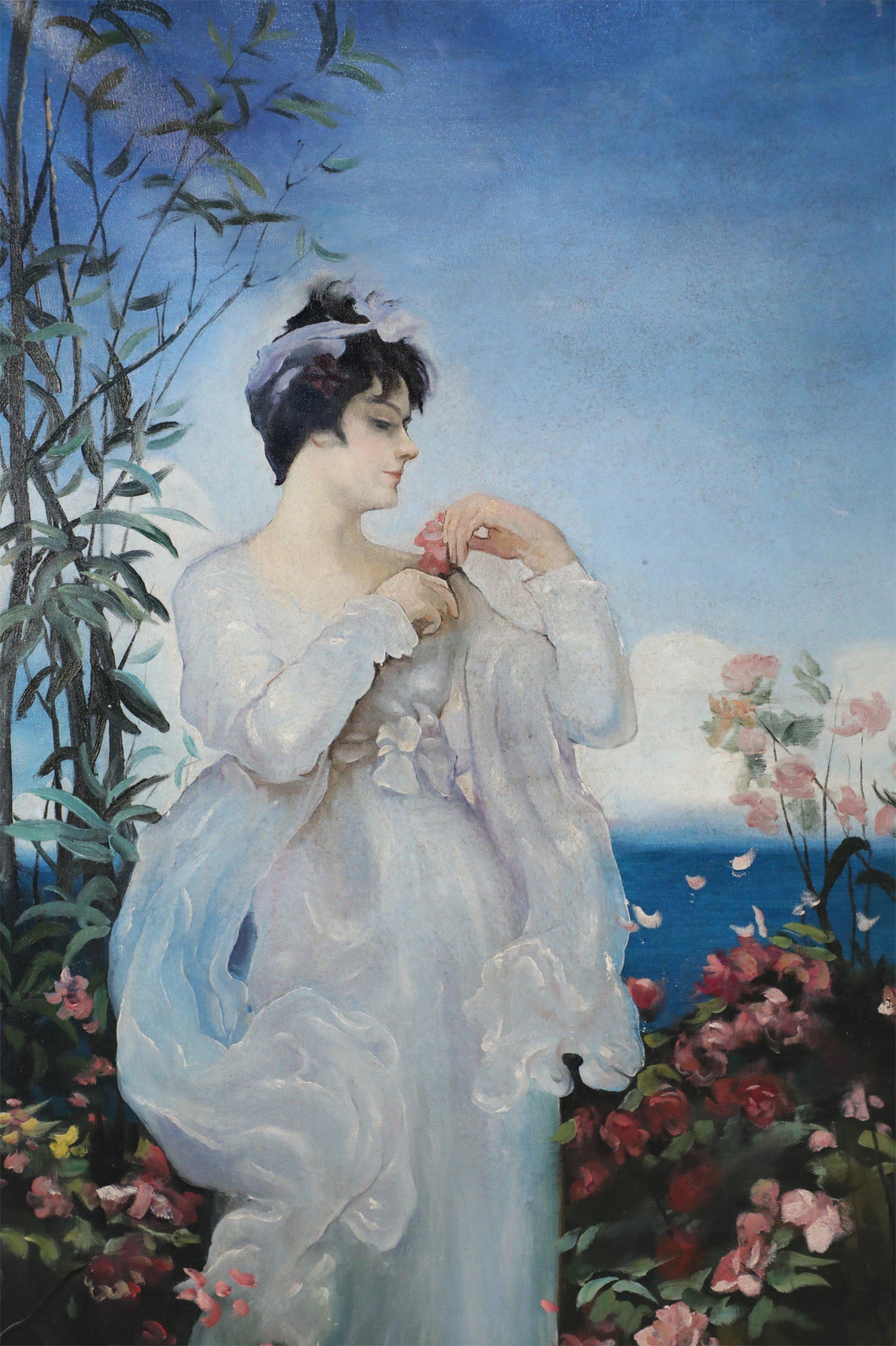 Huilé Portrait de femme dans un jardin - Peinture à l'huile sur toile en vente