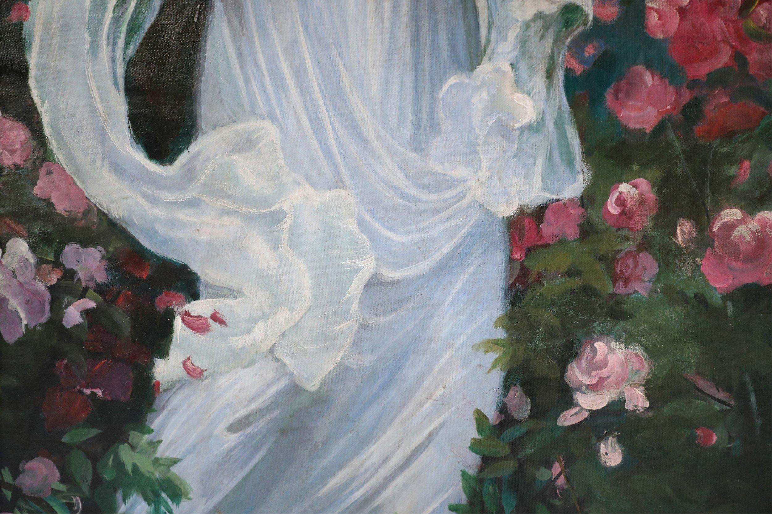 Portrait de femme dans un jardin - Peinture à l'huile sur toile Bon état - En vente à New York, NY