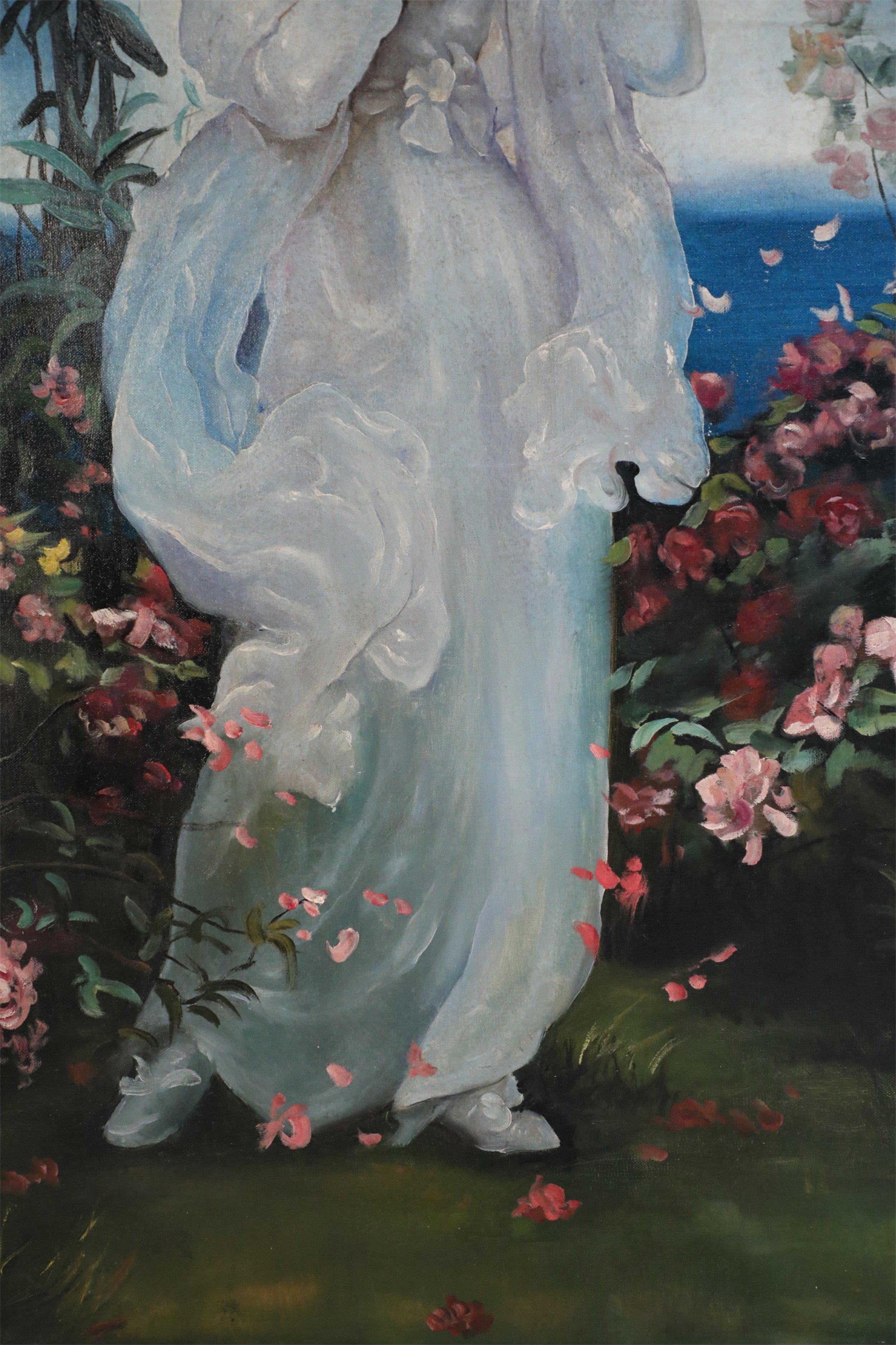 Portrait de femme dans un jardin - Peinture à l'huile sur toile Bon état - En vente à New York, NY