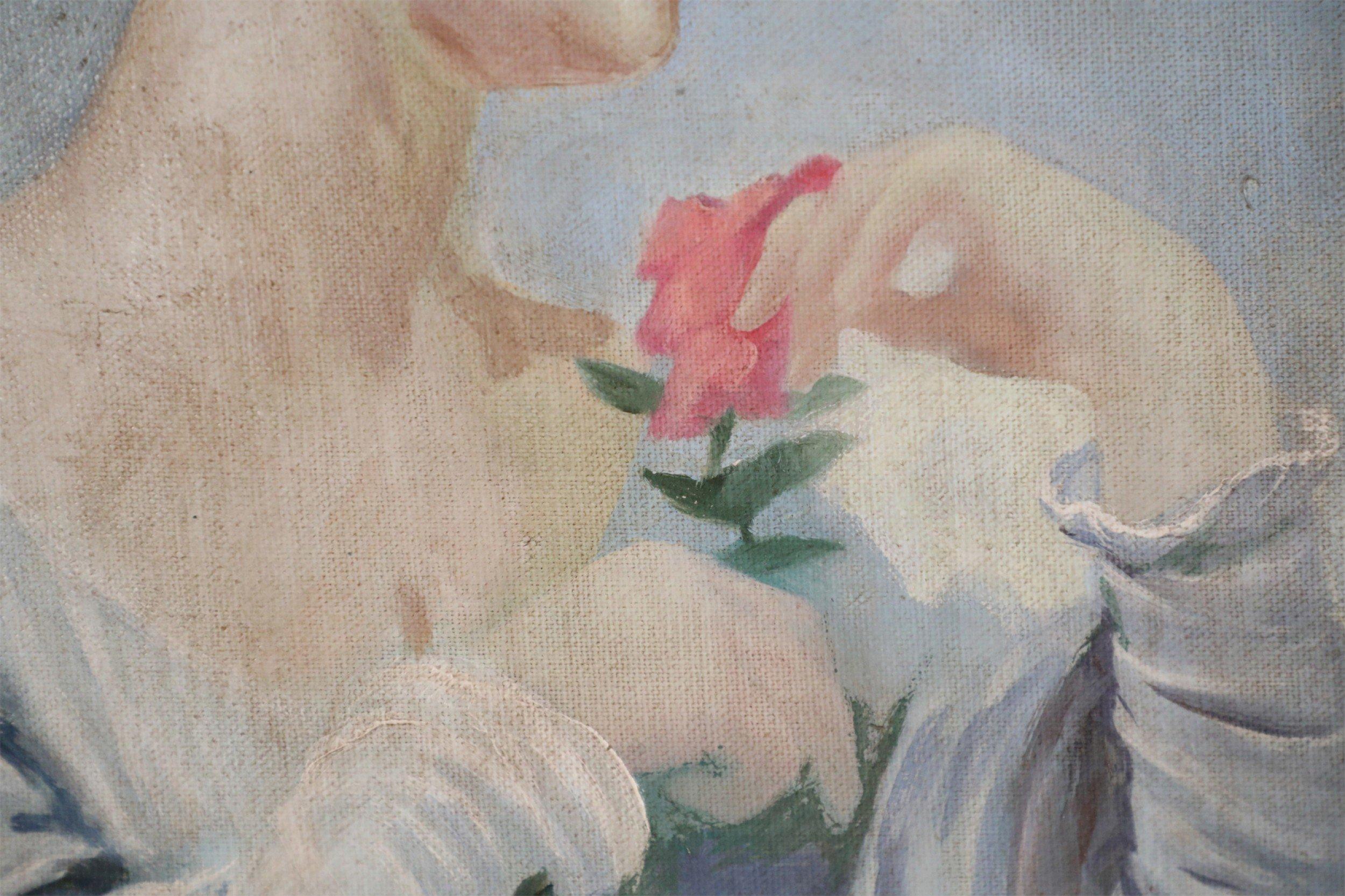 20ième siècle Portrait de femme dans un jardin - Peinture à l'huile sur toile en vente