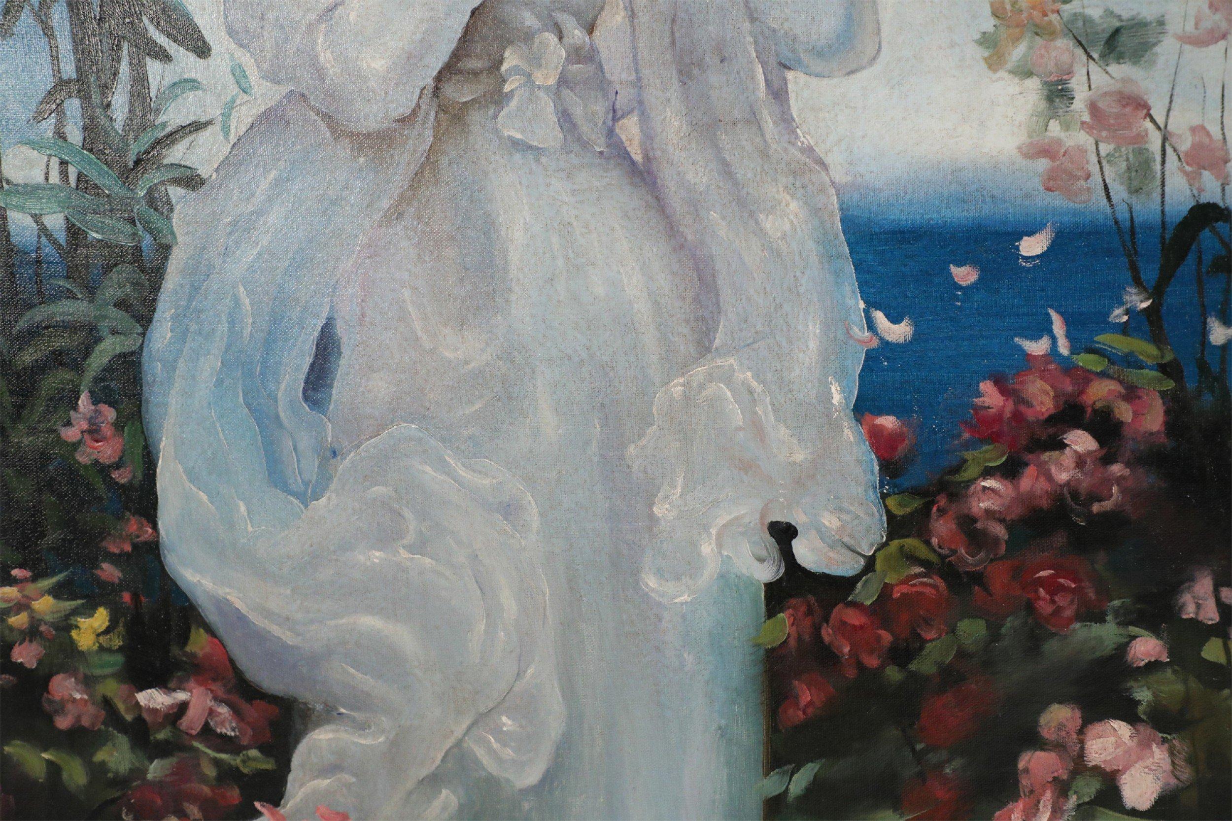 Portrait of Woman in Garden Oil Painting on Canvas In Good Condition For Sale In Queens, NY