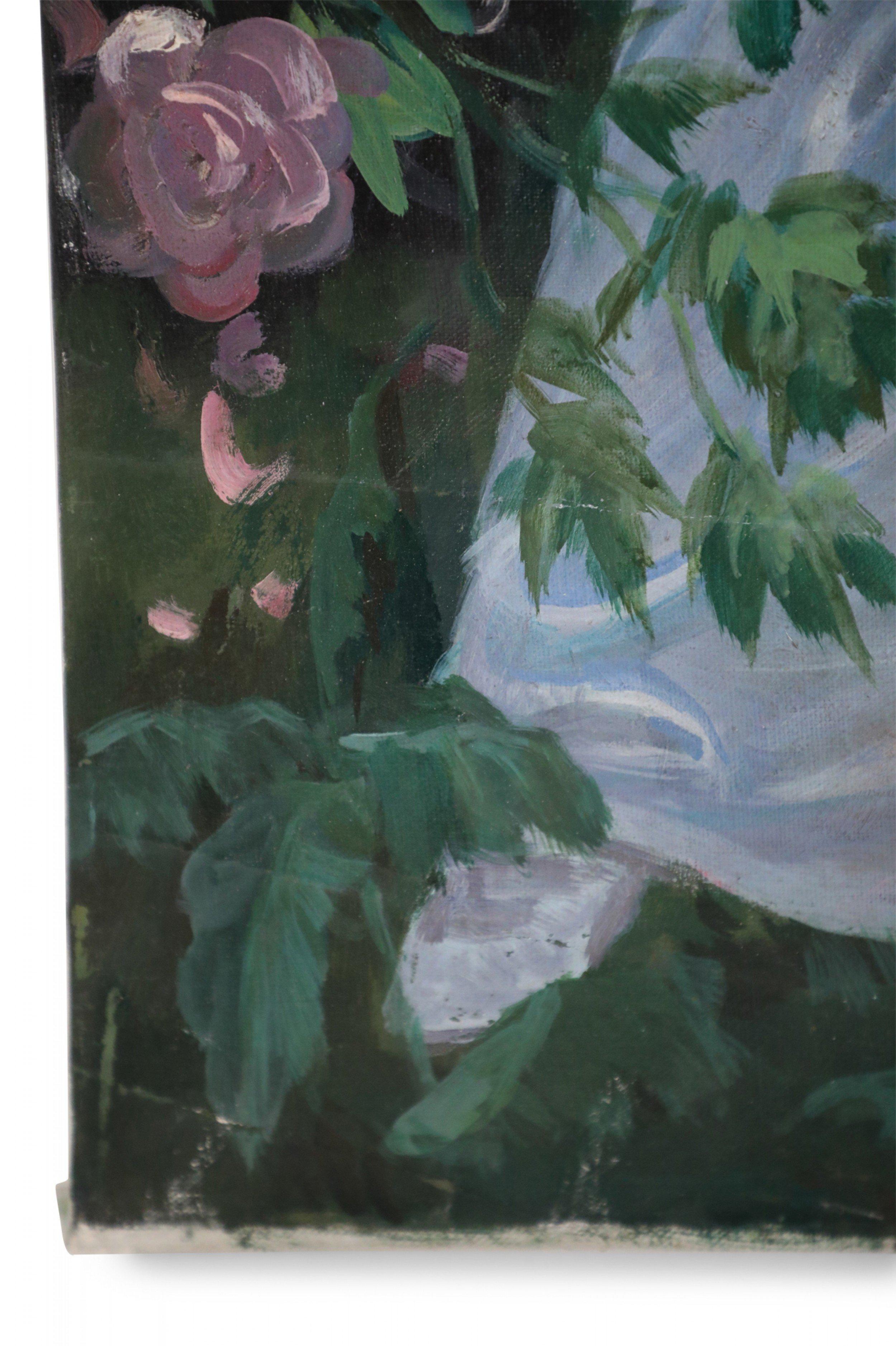 Portrait de femme dans un jardin - Peinture à l'huile sur toile en vente 1