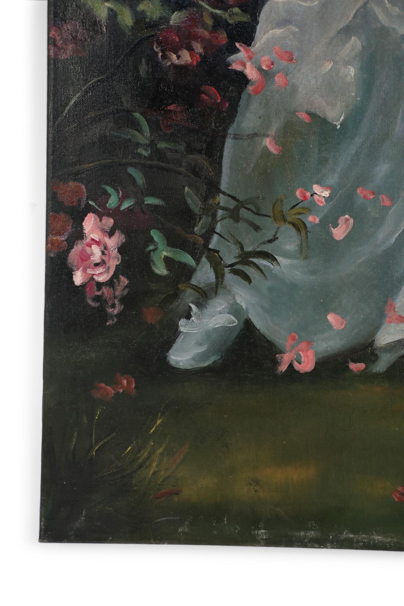 Portrait de femme dans un jardin - Peinture à l'huile sur toile en vente 1