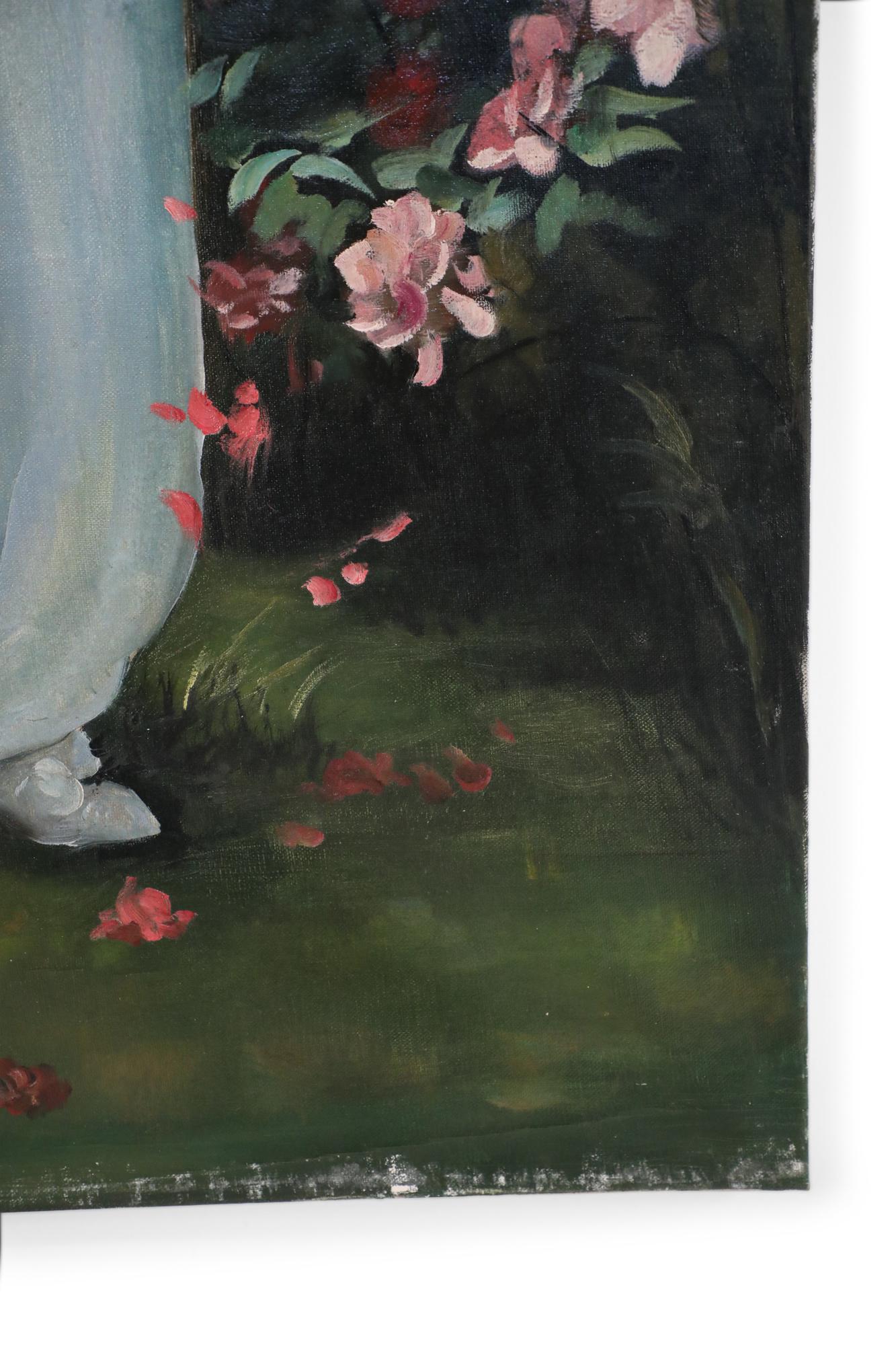 Portrait de femme dans un jardin - Peinture à l'huile sur toile en vente 2