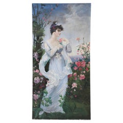 Portrait de femme au jardin, peinture à l'huile sur toile