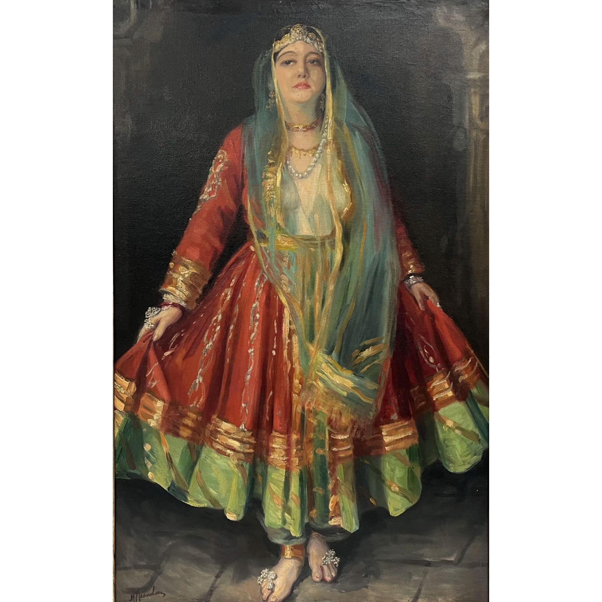 Antique Indian Woman Portrait Oil on Canvas Painting Depicting a Gorgeous Young Lady Standing Upright Singh Signed Lower Left Illegible Double Lined.