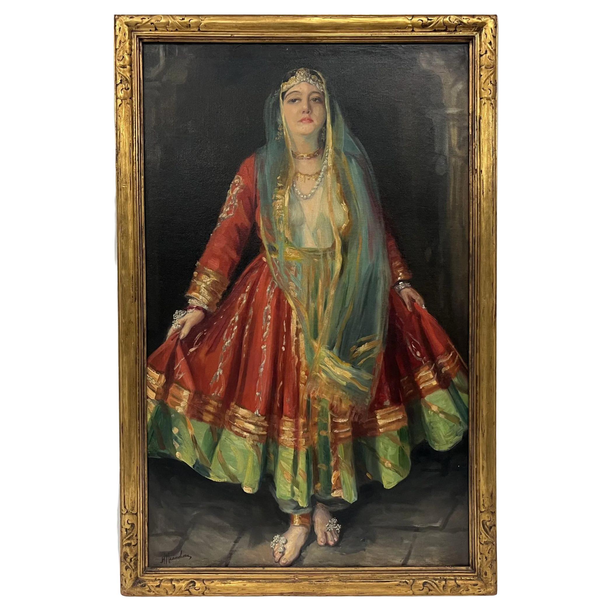 Portrait de femme à l'huile sur toile, signé en vente