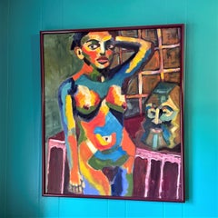 Ritratto di donna dipinto a olio in una tavolozza fauve -- incorniciato