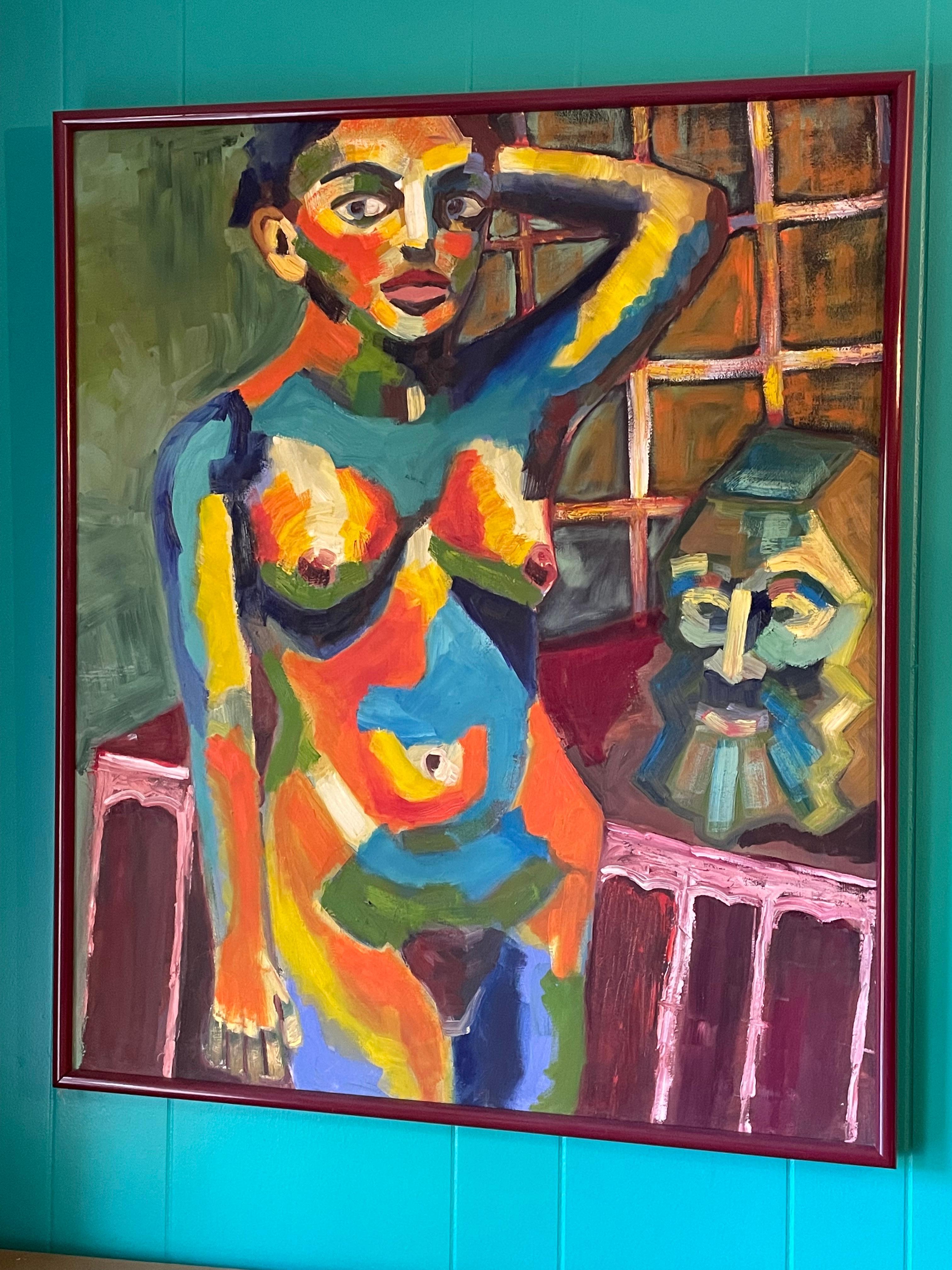Expressionniste Portrait de femme peint à l'huile dans une palette fauviste - encadré en vente