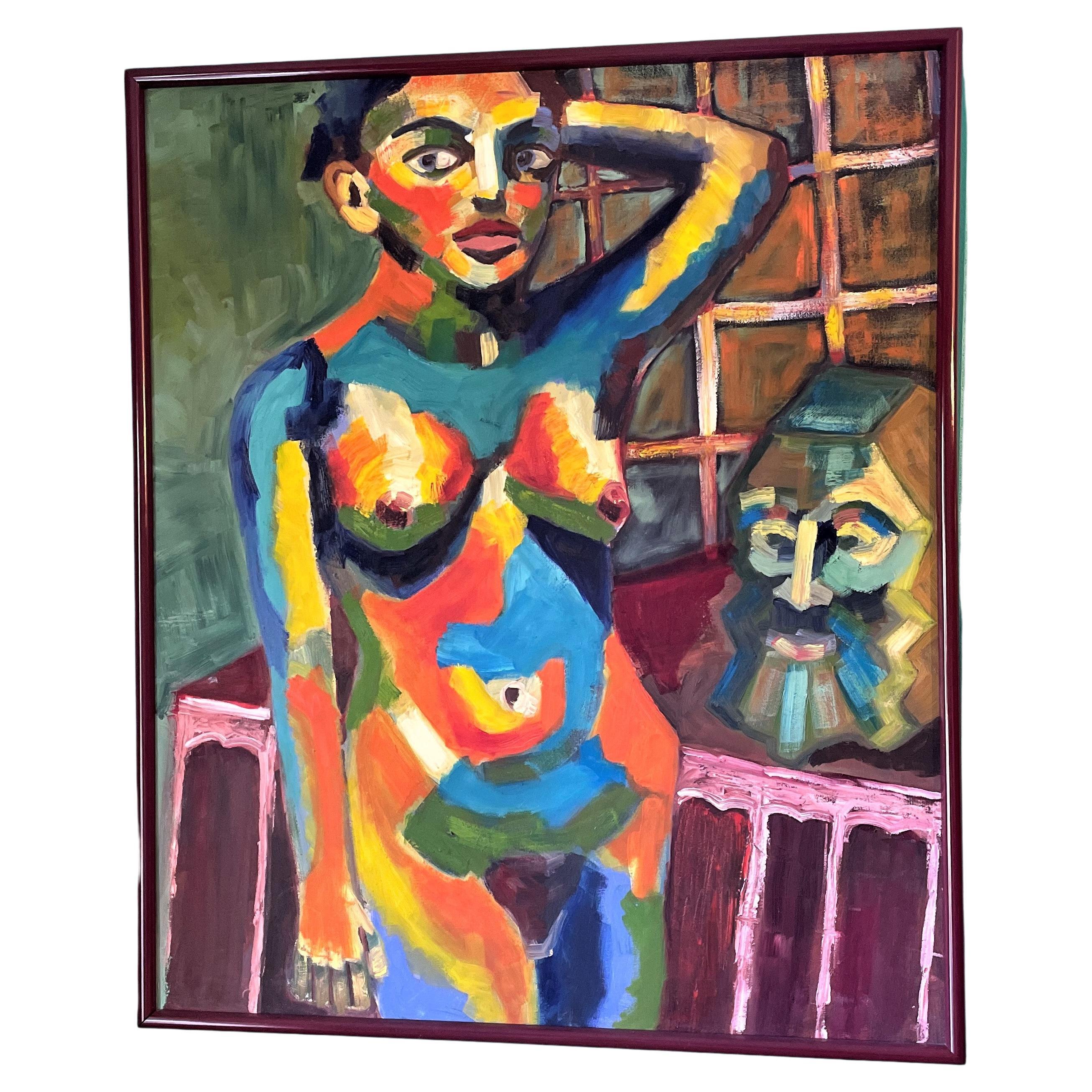Portrait de femme peint à l'huile dans une palette fauviste - encadré en vente