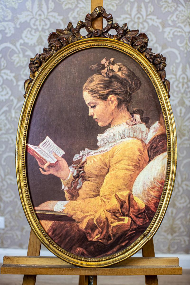 Portrait of Young Girl from the Late 20th Century

We present you an oleograph in an oval frame depicting a girl reading a book.

This painting is in incredibly good condition. Only the frame is damaged in one place.