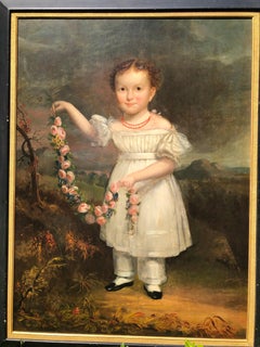 Portrait of Young Girl on Landscape New York Oil on Panel Signed Date 1830