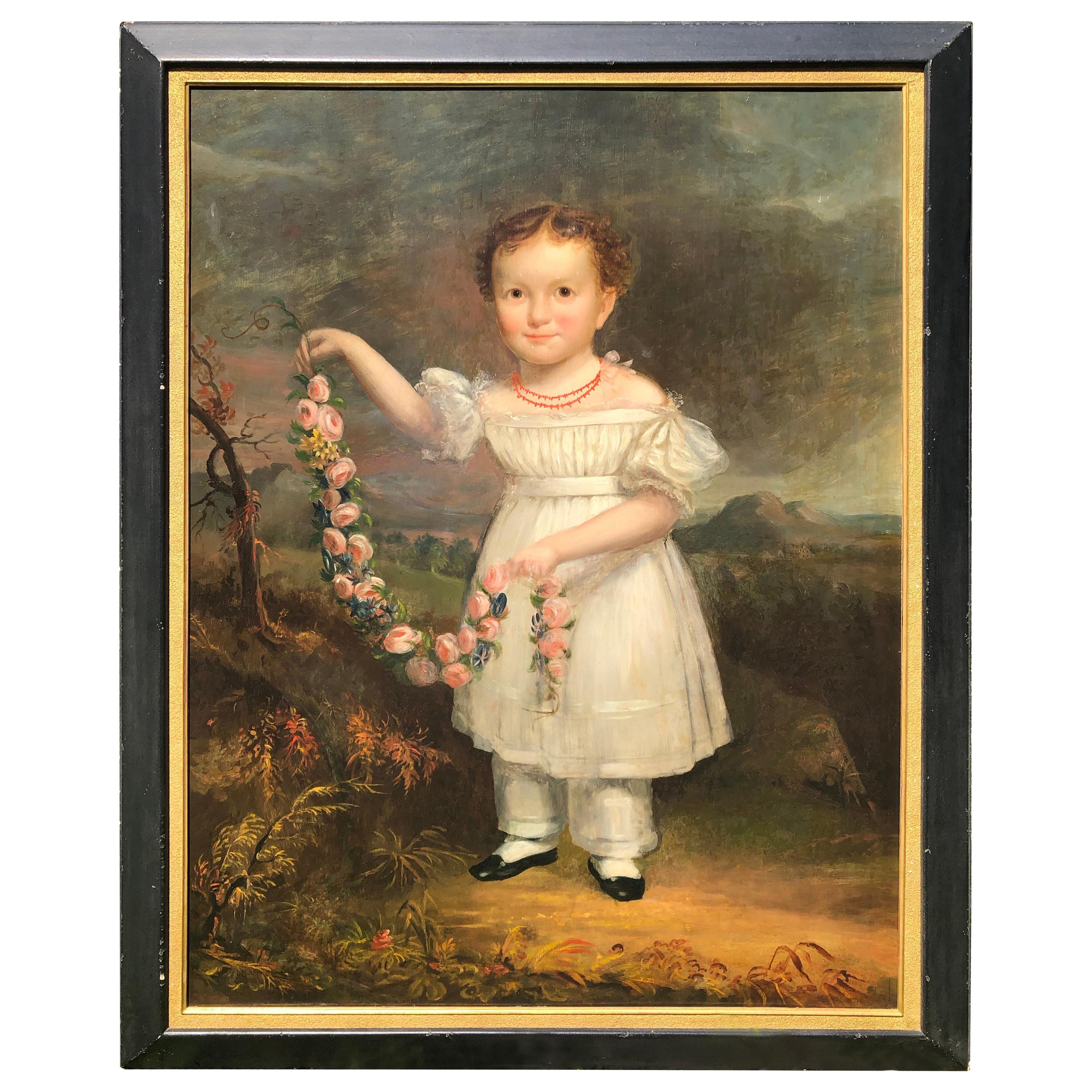 Portrait of Young Girl on Landscape New York Oil on Panel Signed Date 1830 For Sale