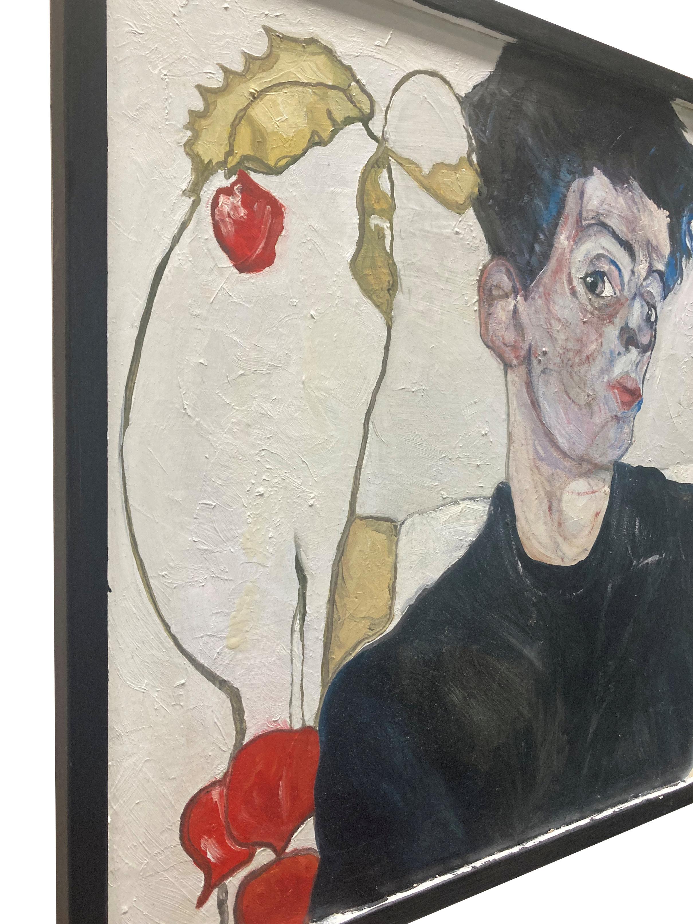 Portrait à l'huile sur panneau d'un jeune homme avec un physalis d'après Egon Schiele, dans un cadre noir.