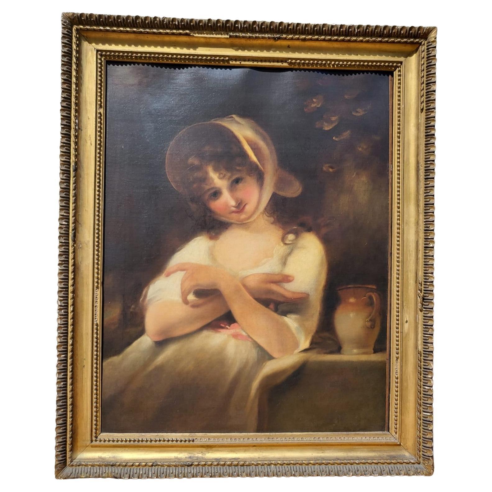 Portrait Of Young Woman, Oil On Canvas XIXth Century For Sale