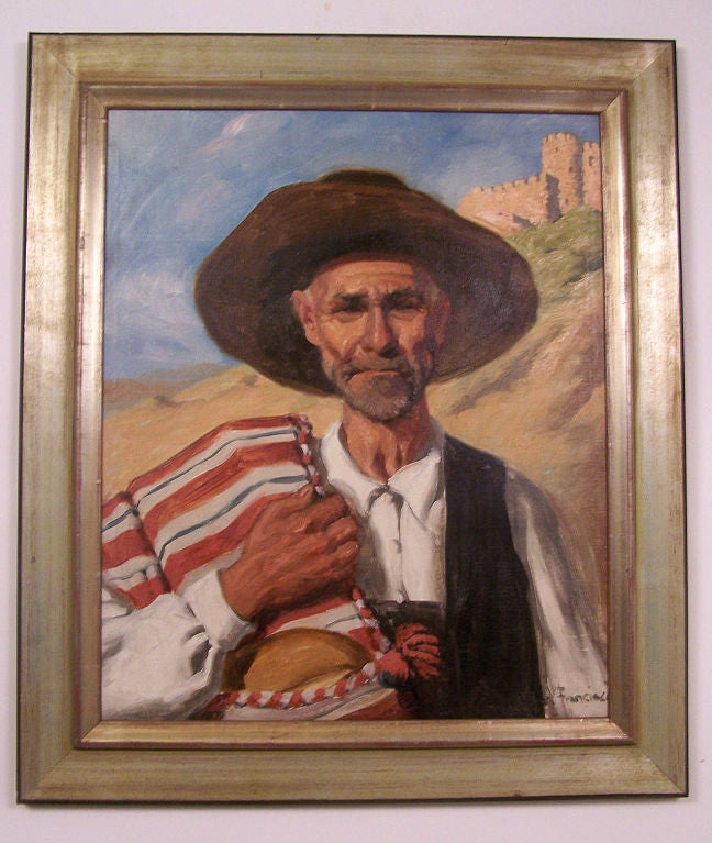 Framed oil on canvas of a South or Central American native. Painted by John Bond Francisco (b.1863-d.1931) an American California artist.

John Bond Francisco was born in Cincinnati, OH on Dec. 14, 1863. From an early age Francisco was drawn to