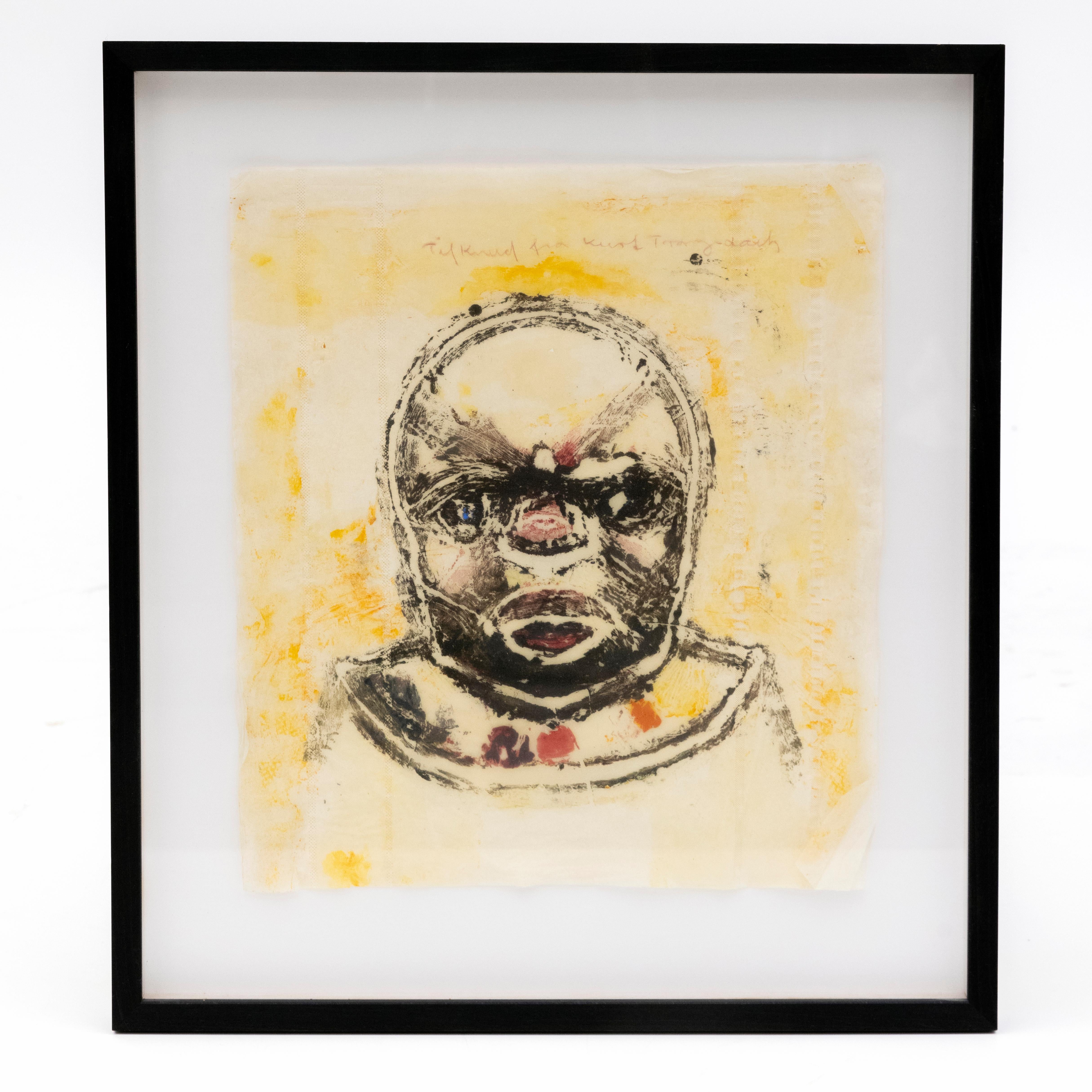 Kurt Trampedach, Danish 1943-2013
Framed portrait done in oil and mixed media on paper.
Sheet dimensions: 37 x 33 cm.
With personal dedication to Knud: 