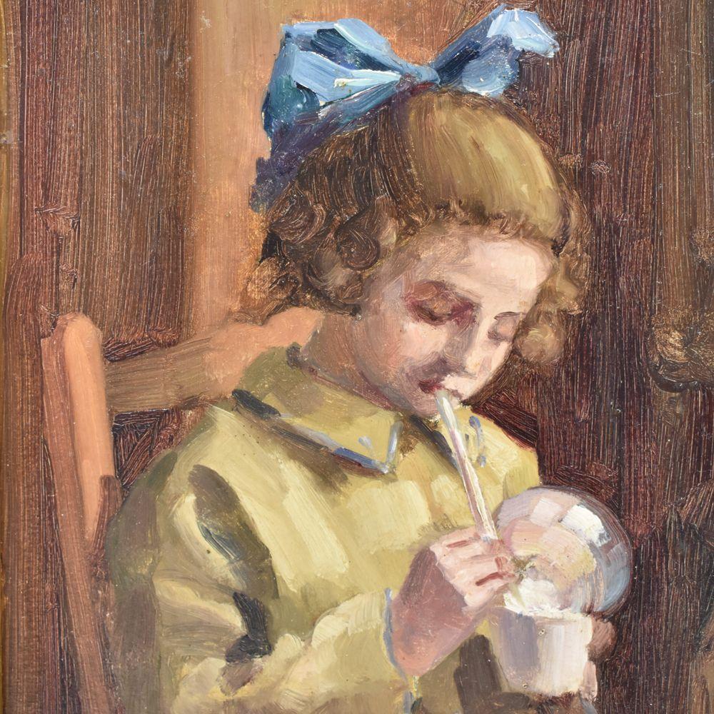This is a Child Playing Portrait painting.  This oil painting has an original frame realised in the 1900s. 
Early 20th Century. Art Nouveau-Art Déco.

The old painting and the gilt frame have been restored and cleaned.
The painting is not signed,
