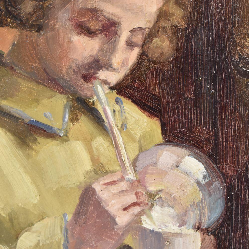 Art Nouveau Portrait Painting, Child Playing, Art Déco, Oil painting, Early 20th Century.  For Sale