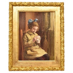 Antique Portrait Painting, Child Playing, Art Déco, Oil painting, Early 20th Century. 