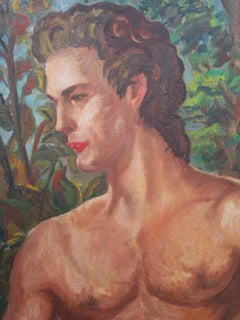 Oil Painting on Board Portrait Male Nude in Forest, Circa 1950