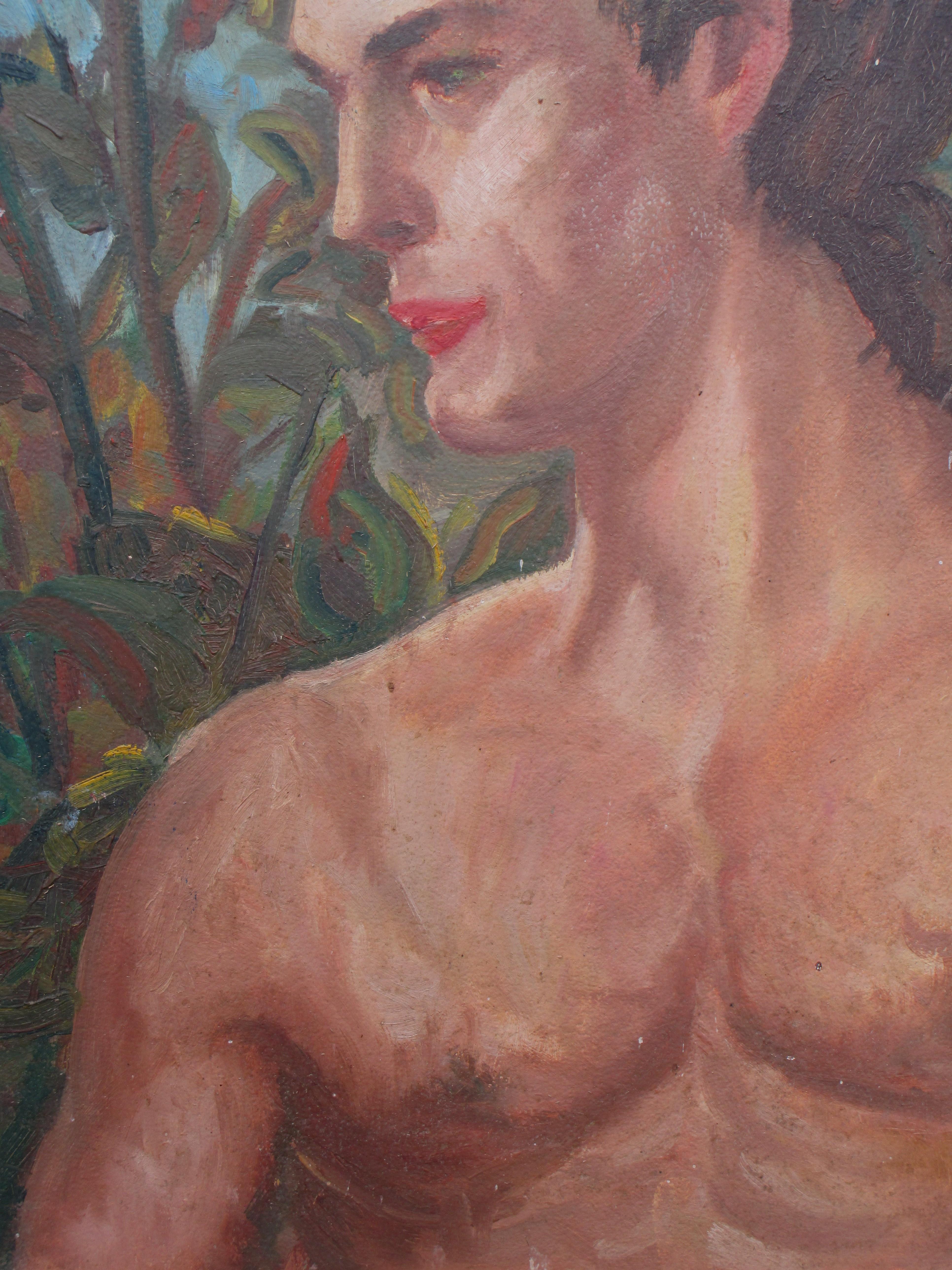 Americano Pittura a olio su tavola con ritratto di nudo maschile nella foresta, CIRCA 1950 in vendita
