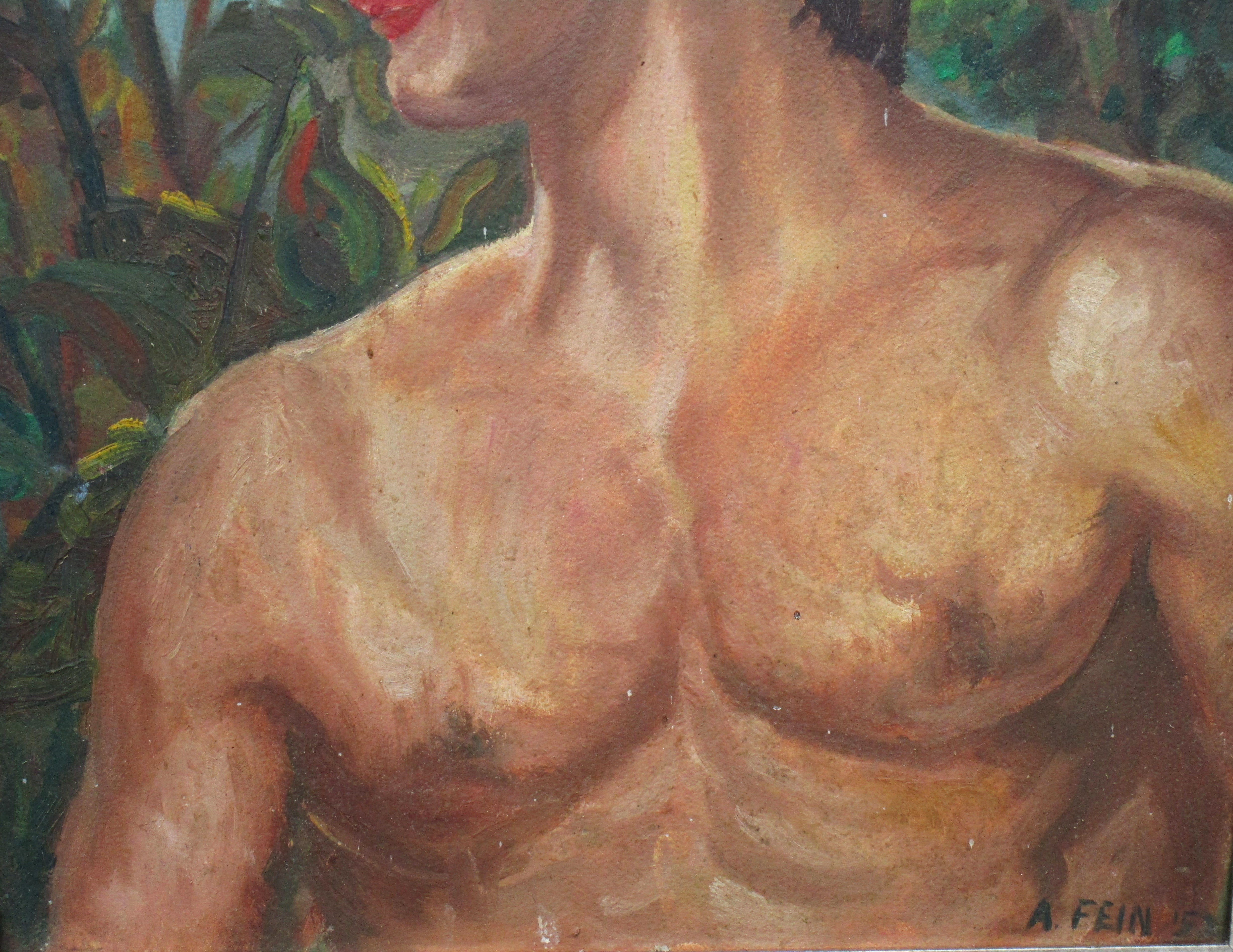 Dipinto a mano Pittura a olio su tavola con ritratto di nudo maschile nella foresta, CIRCA 1950 in vendita