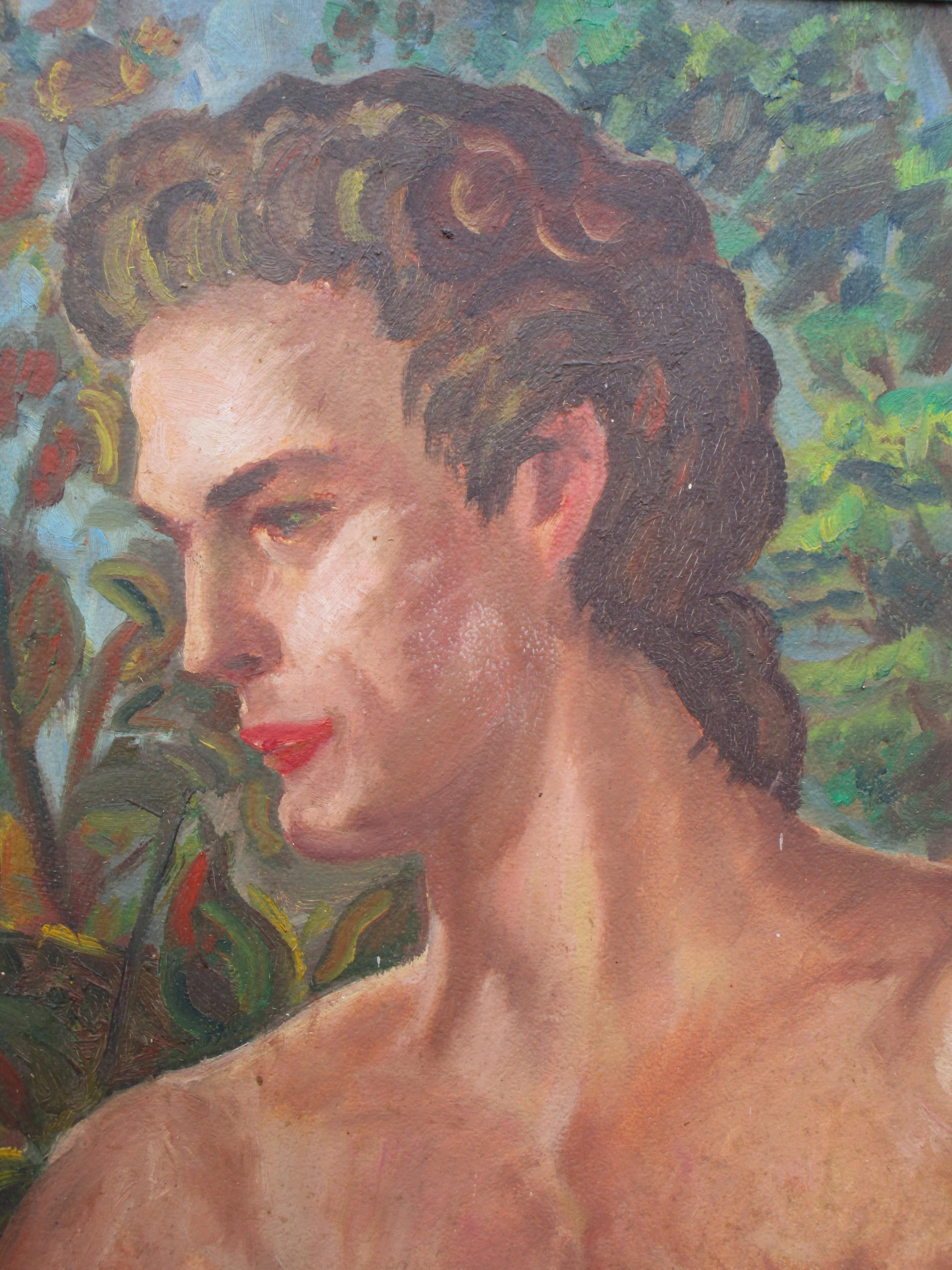 Pittura a olio su tavola con ritratto di nudo maschile nella foresta, CIRCA 1950 In condizioni buone in vendita a Rochester, NY