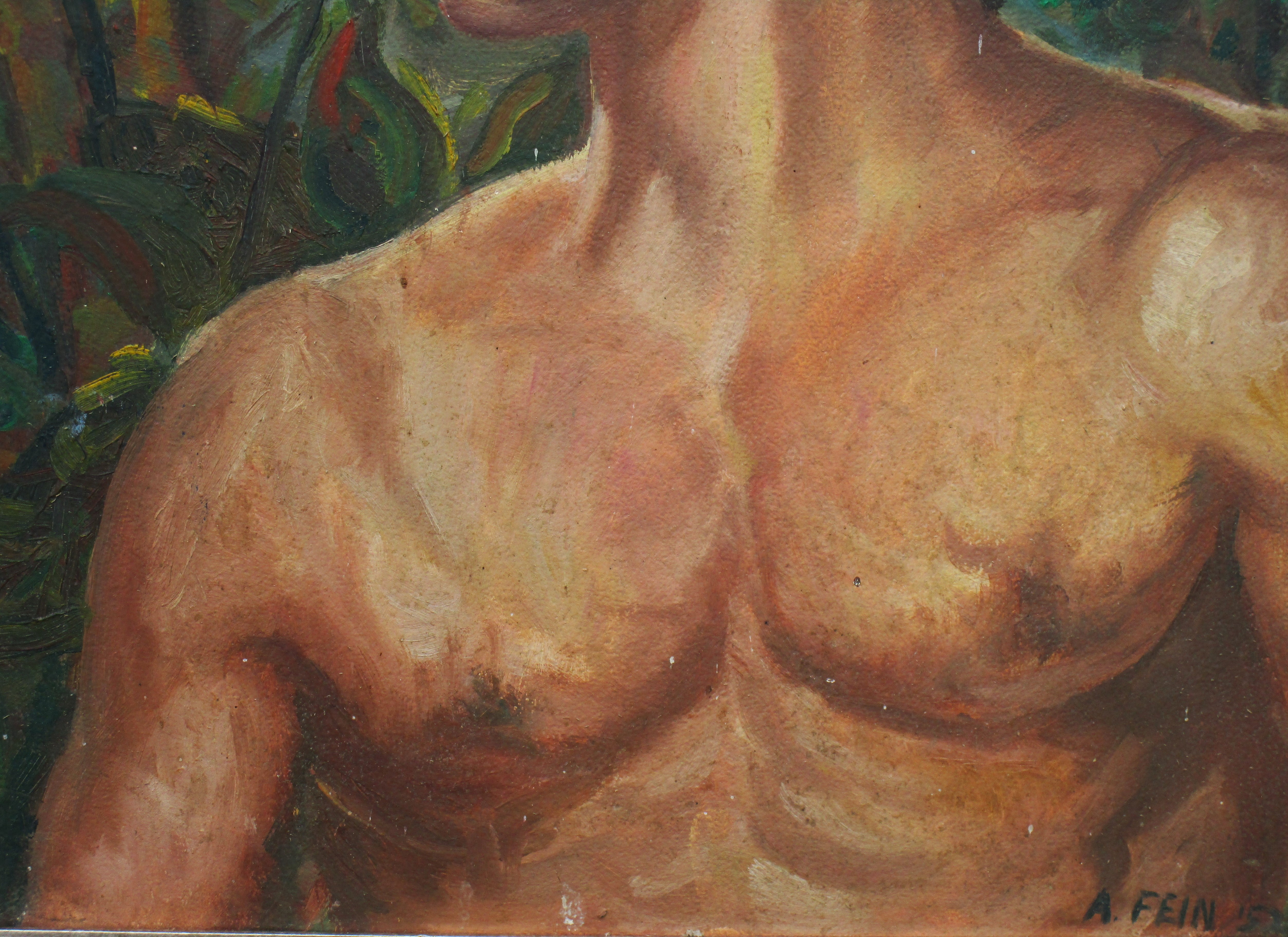 Metà XX secolo Pittura a olio su tavola con ritratto di nudo maschile nella foresta, CIRCA 1950 in vendita