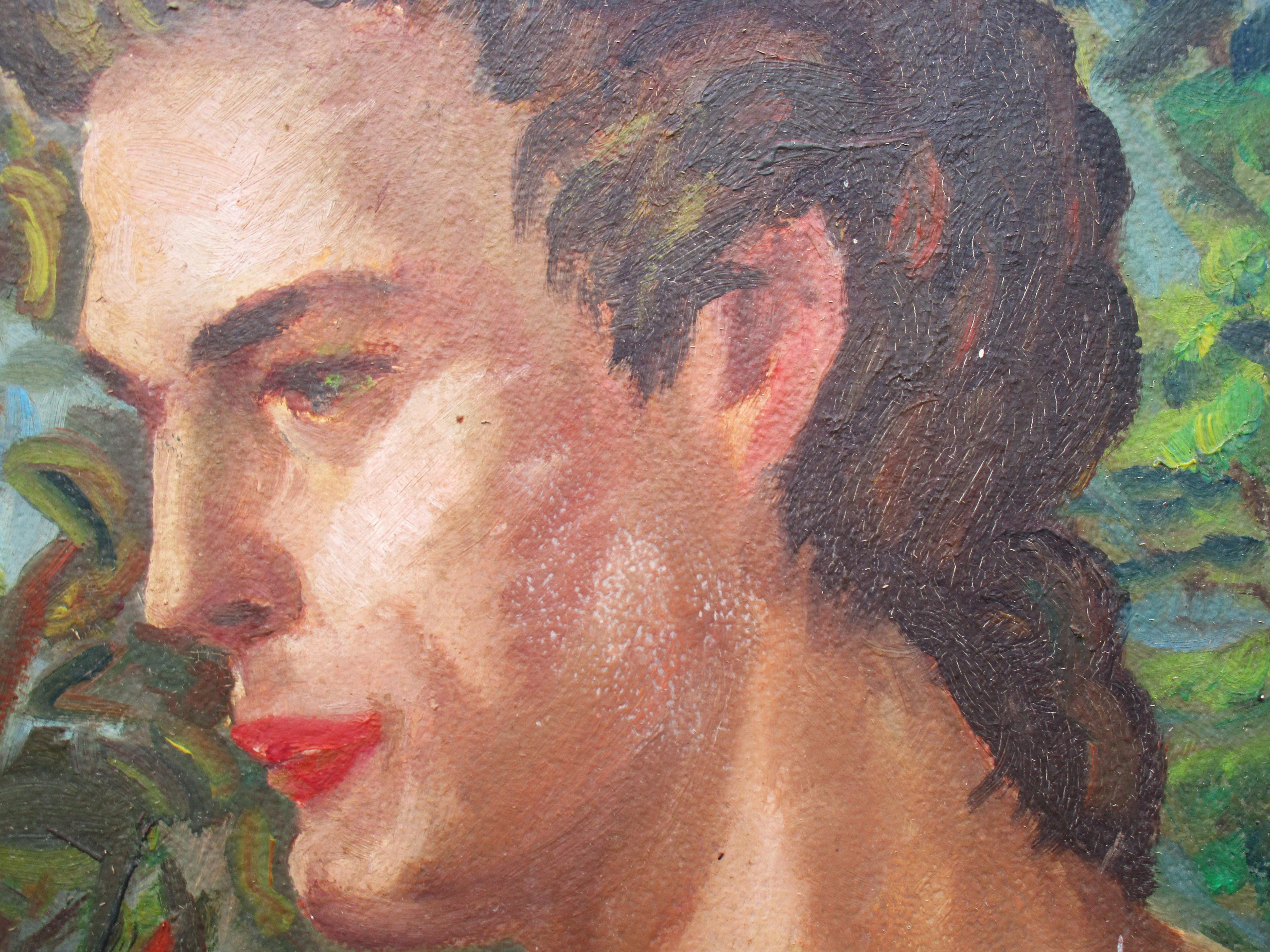 Foglia d’argento Pittura a olio su tavola con ritratto di nudo maschile nella foresta, CIRCA 1950 in vendita