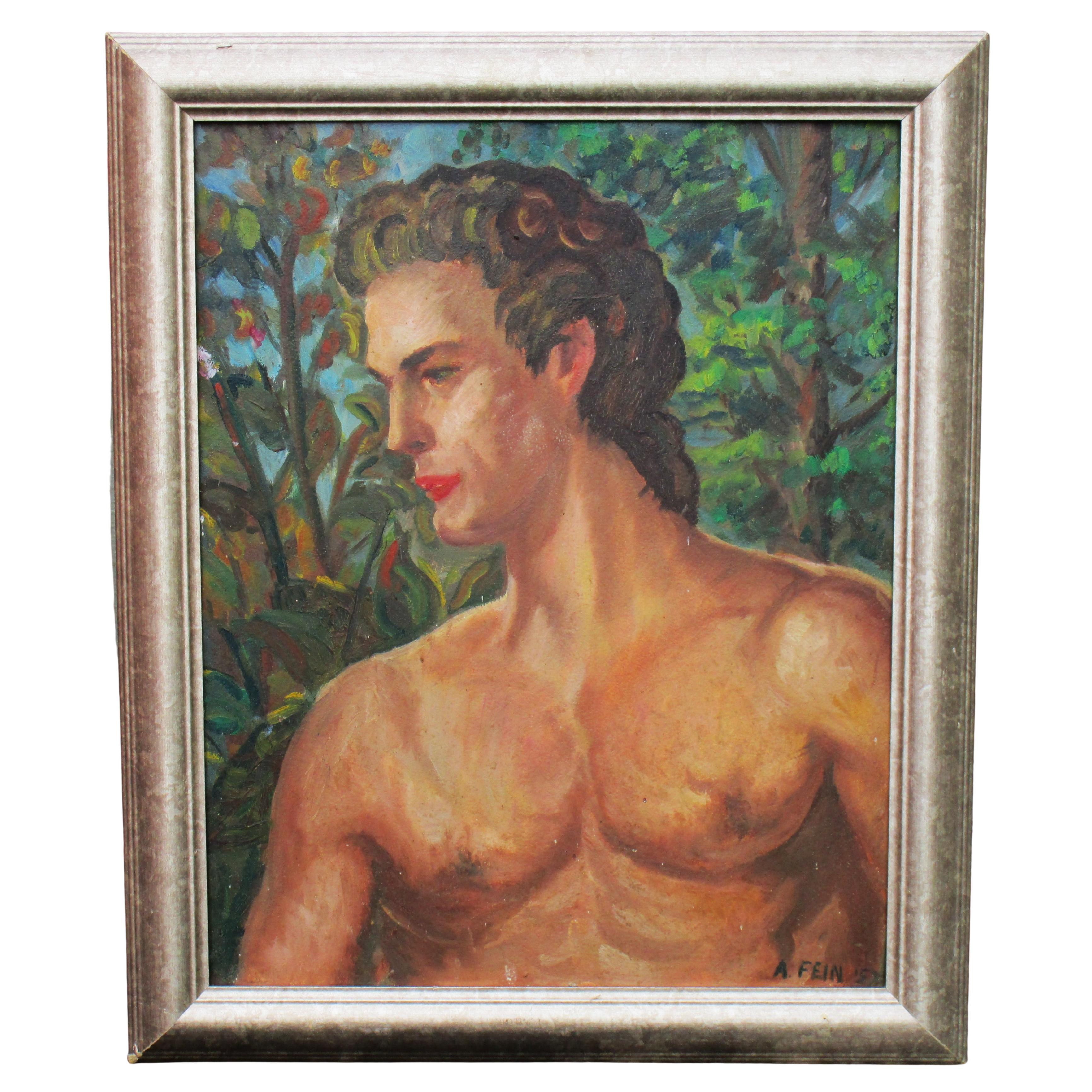 Pittura a olio su tavola con ritratto di nudo maschile nella foresta, CIRCA 1950 in vendita 1