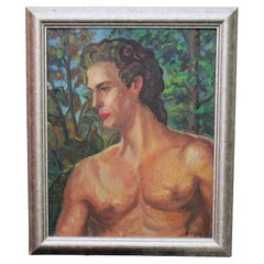 Pittura a olio su tavola con ritratto di nudo maschile nella foresta, CIRCA 1950