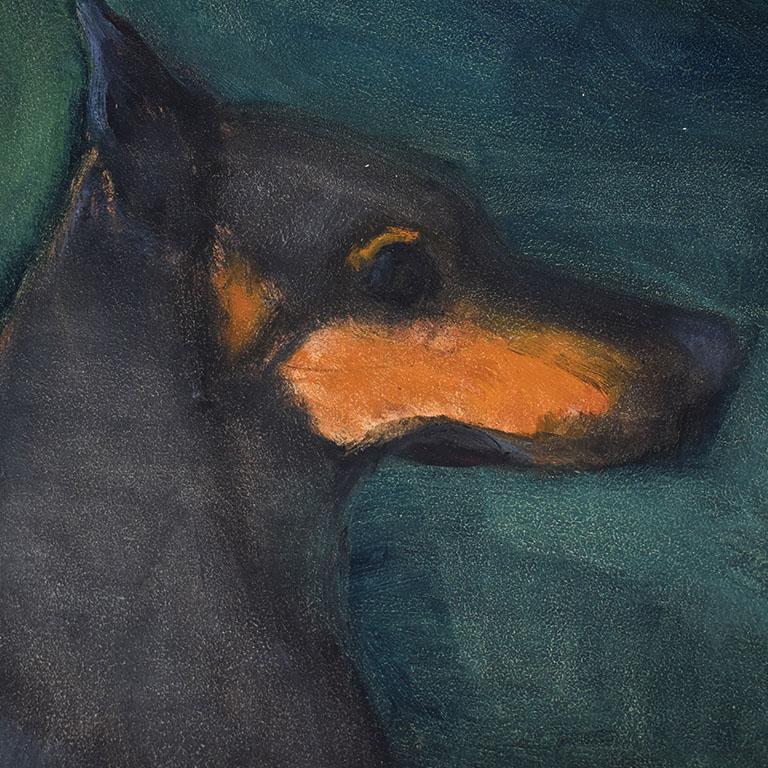 A unique original portrait painting of a dog named “Ike” by the late Oklahoma artist Clair Seglem. The artist captures this dog of Patricia Goetzinger in this 1994 portrait. The animal is shown in profile with it’s clipped ears, and brown snout. A