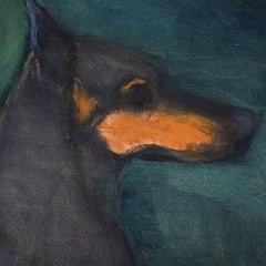 Portrait Painting of a Black Doberman Pincher Dog on Green Signed