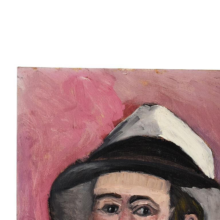 Portrait Painting of a Man in a Fedora on Pink, by Clair Seglem In Excellent Condition For Sale In Oklahoma City, OK
