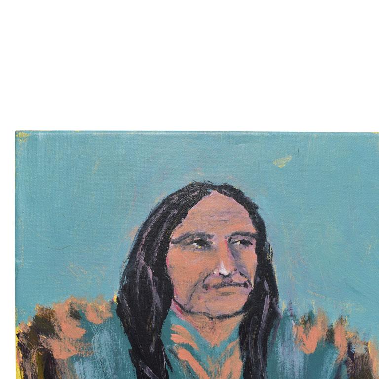Wood Portrait Painting of a Native American Man on Canvas in Turquoise 20th Century
