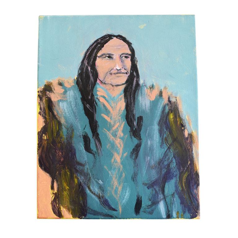 Portrait Painting of a Native American Man on Canvas in Turquoise 20th Century 2