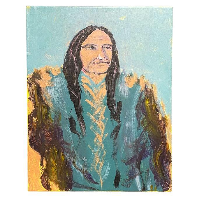 Portrait Painting of a Native American Man on Canvas in Turquoise 20th Century