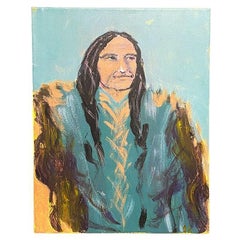 Vintage Portrait Painting of a Native American Man on Canvas in Turquoise 20th Century