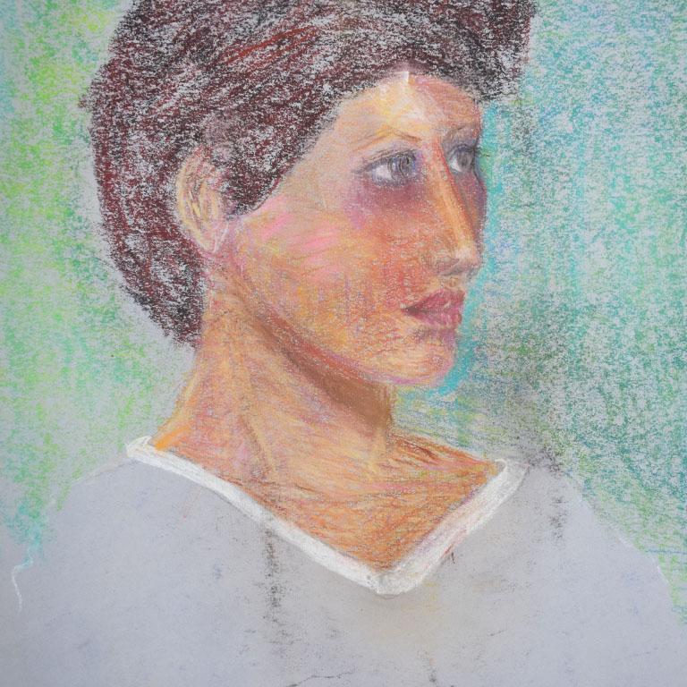 Paper Portrait Painting of a Woman with Brown Hair For Sale