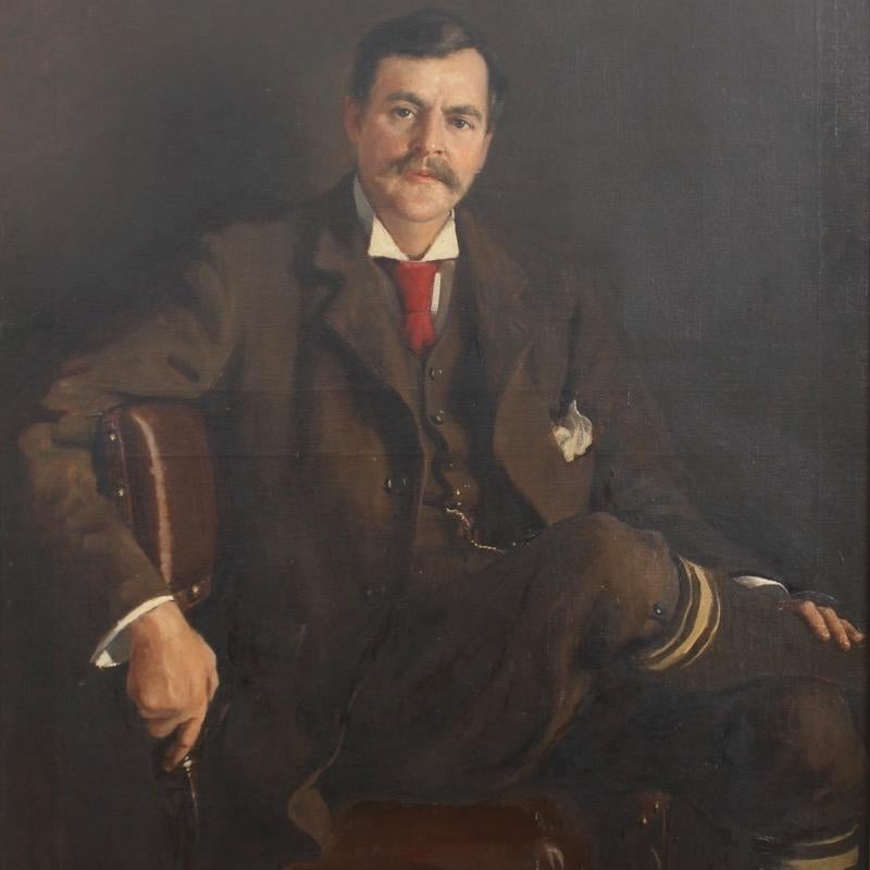 A superb, large scale, English country house portrait of a gentleman, Mr F Binney Esq.
The artist has captured the sitter in a beautiful relaxed pose and I particularly love his use of a deep,rich brown colour palette with the striking splash of