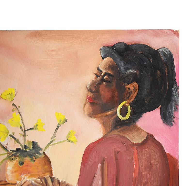Portrait Painting of an Indian Woman in Pink with Floral Motif In Excellent Condition For Sale In Oklahoma City, OK