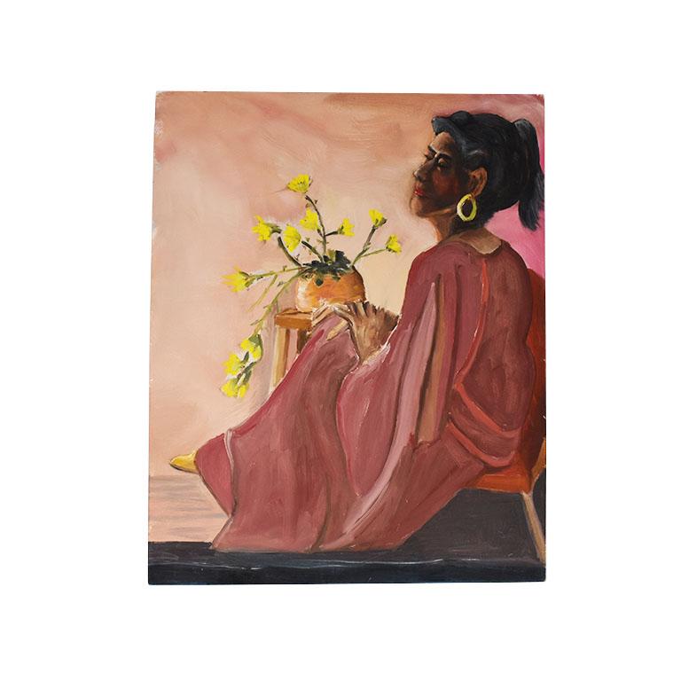 Peinture de portrait d'une femme indienne en rose avec motif floral en vente 1