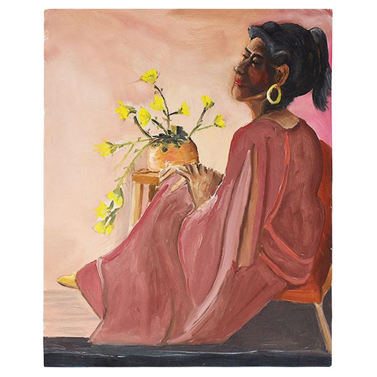 Portrait Painting of an Indian Woman in Pink with Floral Motif For Sale