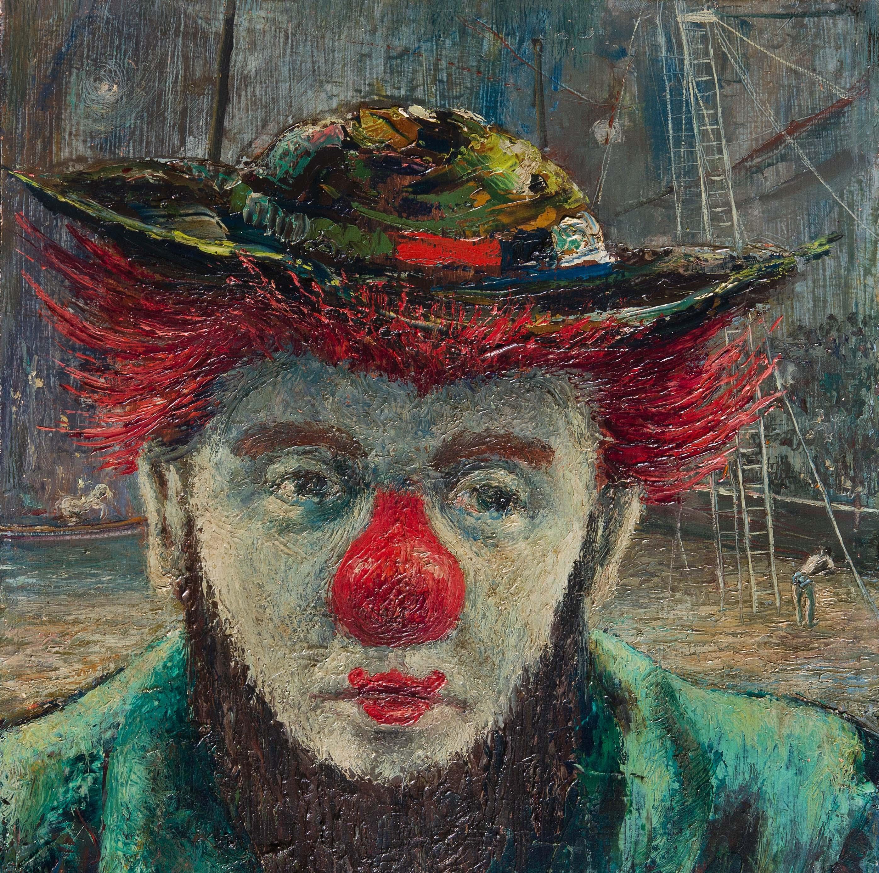 Bold portrait of an introspective circus clown. Rich colors. Detailed circus background. Oil on masonite. Signed Klotz. Dated 1950.