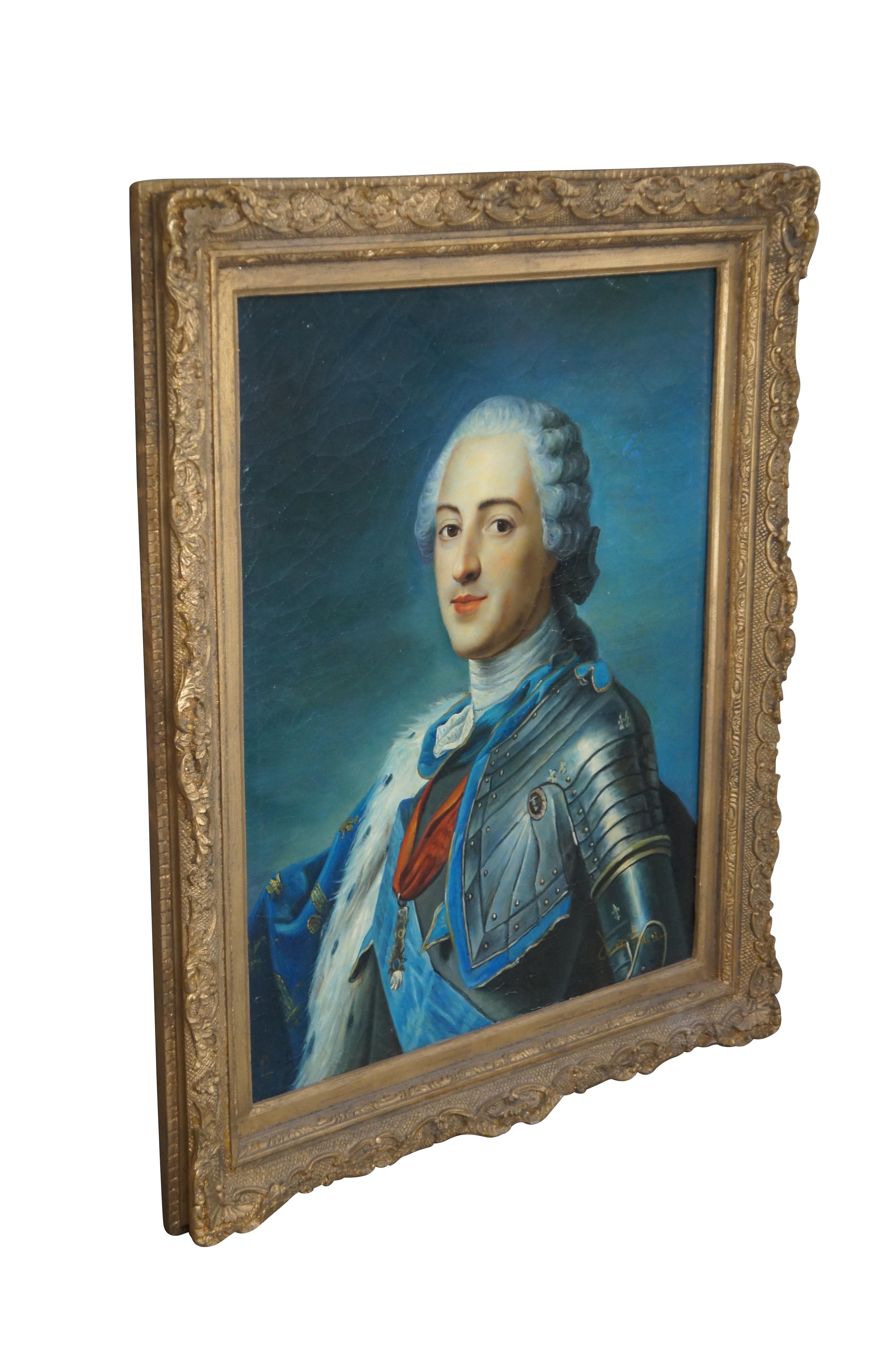Un vibrant portrait de Louis XV en Armure, avec les Cordes de l'Ordre du Saint-Esprit et la Toison d'Or.  D'après Maurice Quentin de La Tour (1704-1788). La peinture à l'huile est sur une toile naturellement en détresse avec des couleurs et des
