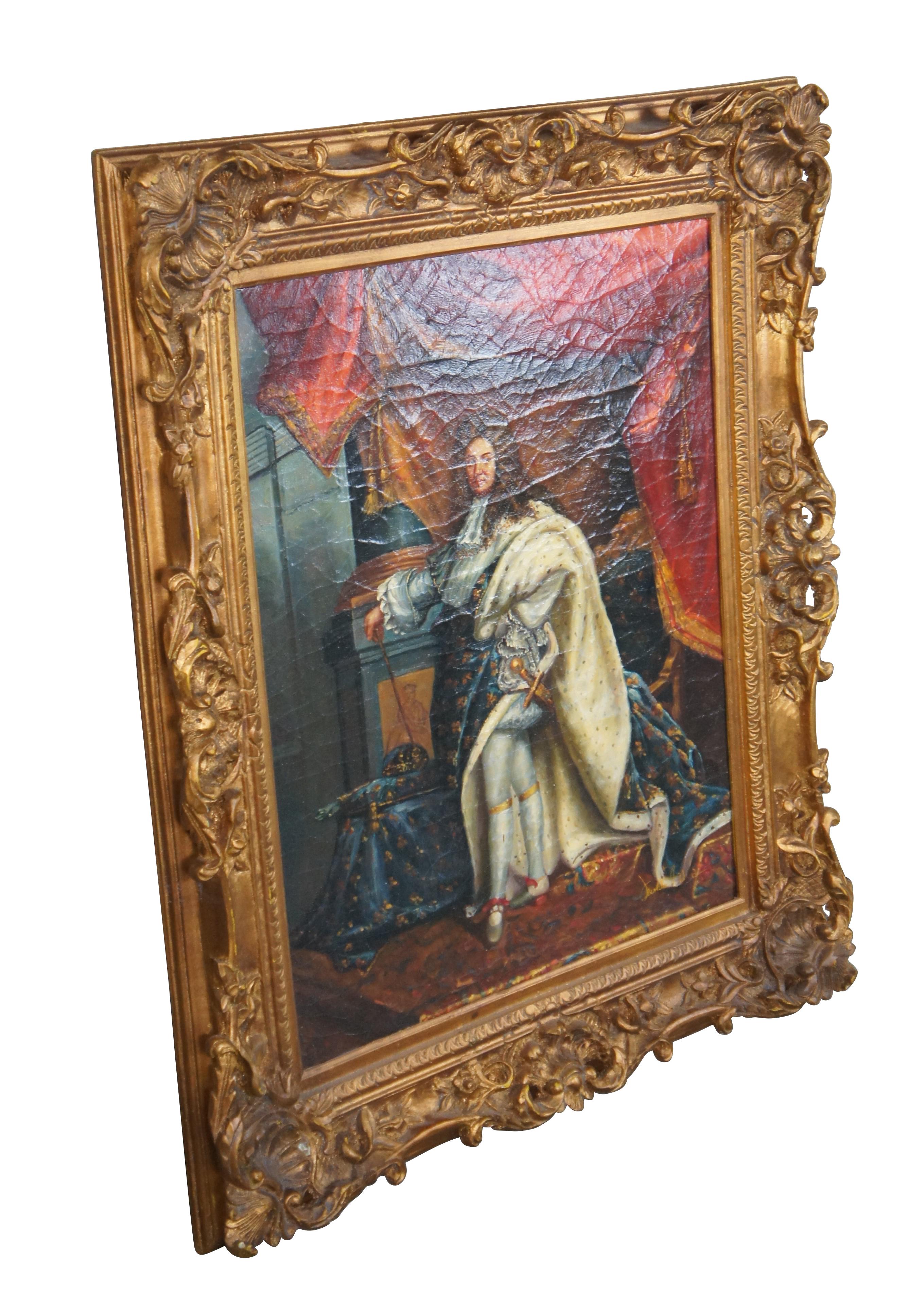 Late 20th Century reproduction painting after the original portrait of King Louis XIV by Hyacinthe Rigaud.  The original was painted in 1701 and is on display at the Montreal Museum of Fine Arts.  This painting was executed on canvas with Craquelure